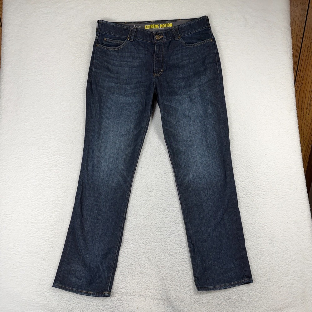 Lee Extreme Motion Straight Fit Tapered Leg Jeans Mens 38x32 (37x31) Dark Blue